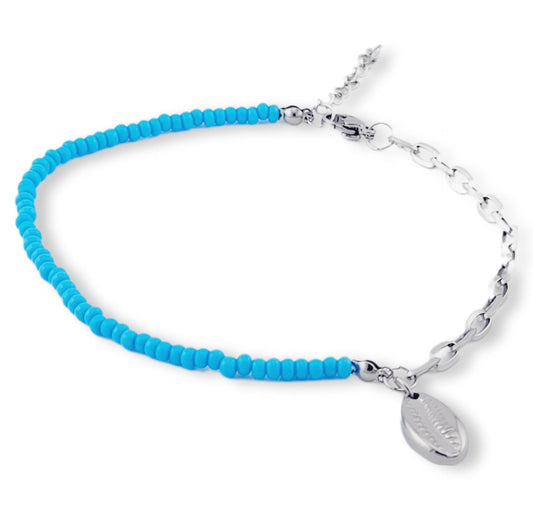 Blue Beaded Seashell Ankle Bracelet