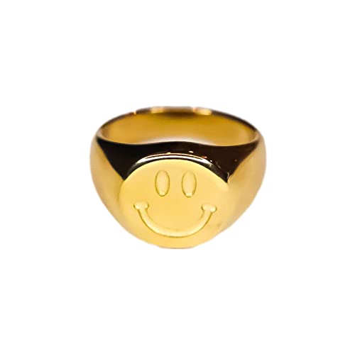 Fierce Creative Co. Smiley Face Ring Stainless Steel Waterproof Statement Ring Engraved Gold Plated
