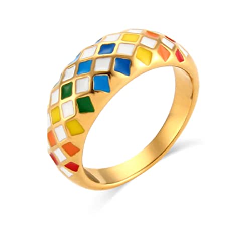 Rainbow Domed Checkered Enameled Ring