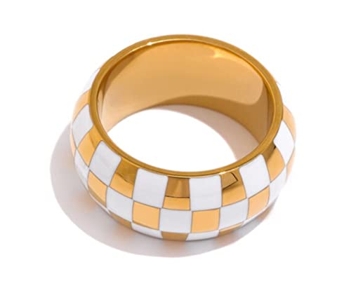 Fierce Creative Co. White Checkered Enameled Stainless Steel Gold Plated Ring Chunky Trendy Cute Jewelry