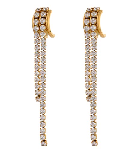 Rhinestone Fringe Earrings Gold Plated Stainless Half Hoop Stud Dangle Dressy Cubic Zirconia