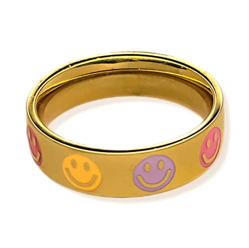 Fierce Creative Co. Smiley Face Enamel Ring Smiley Band Rainbow Stainless Steel Waterproof Ring SIZE 8
