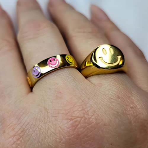 Fierce Creative Co. Smiley Face Ring Stainless Steel Waterproof Statement Ring Engraved Gold Plated