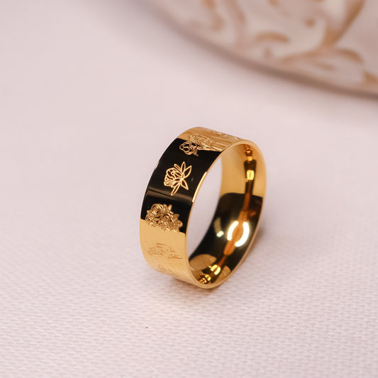 Birth Flowers Ring - Fierce Creative Co. - Waterproof Jewelry - Gold Band with flowers engraved representing various birth flowers 